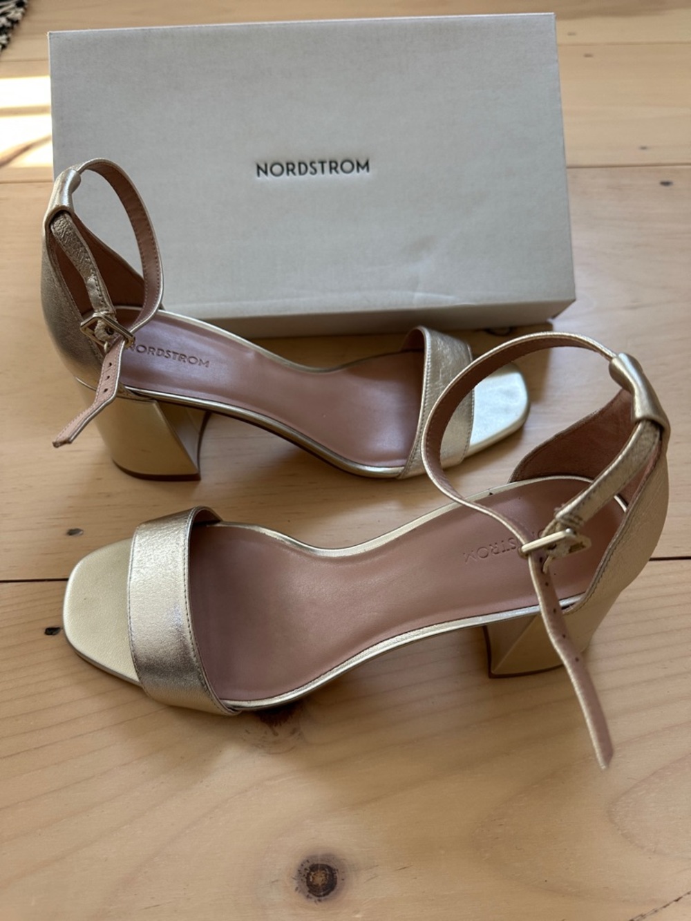 Nordstrom Gold Leather Block Heel Ankle-Strap Sandals